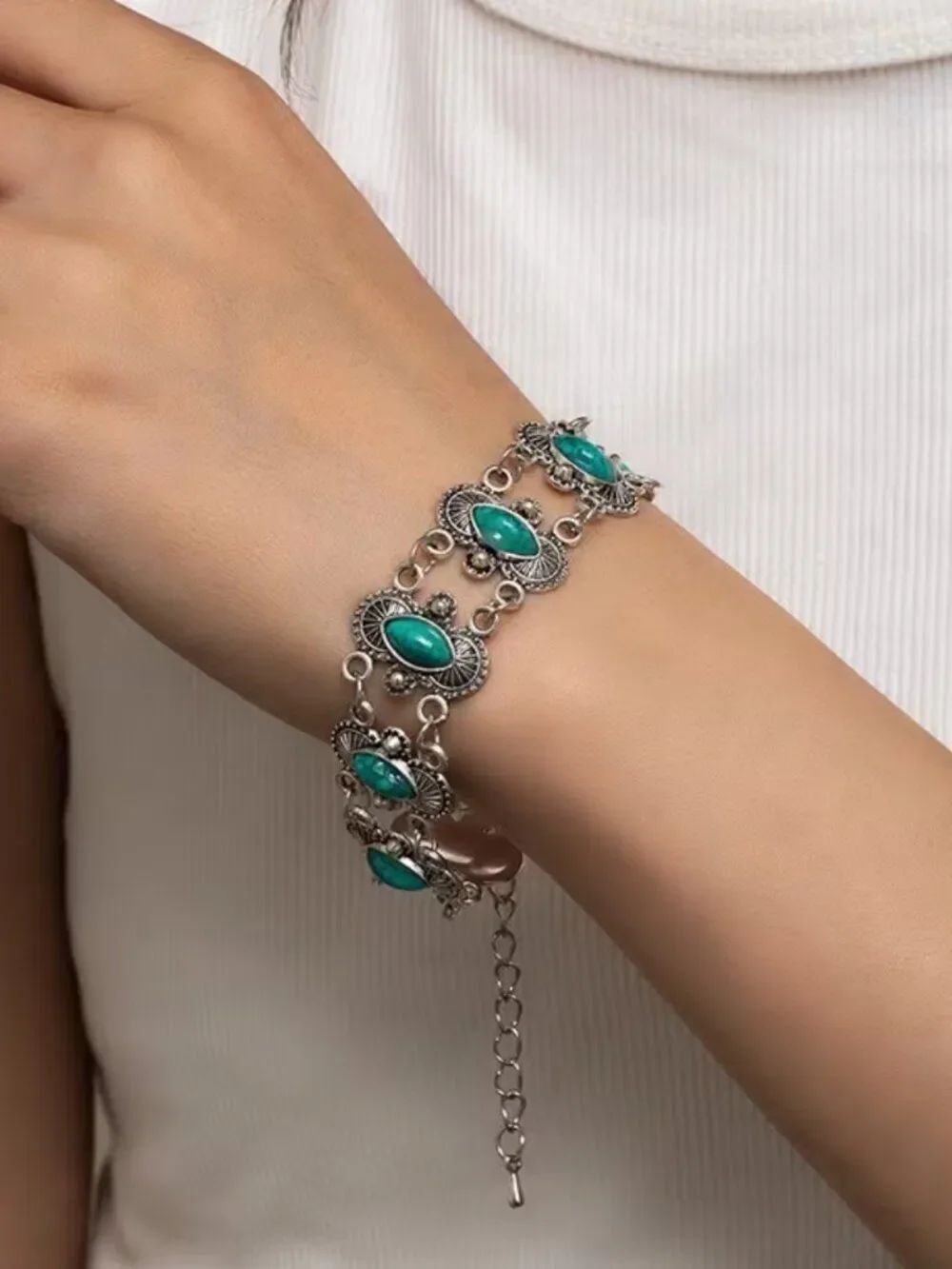 Vintage Bohemian Turquoise Marquise Link Bracelet Southwestern Filigree Jewelry